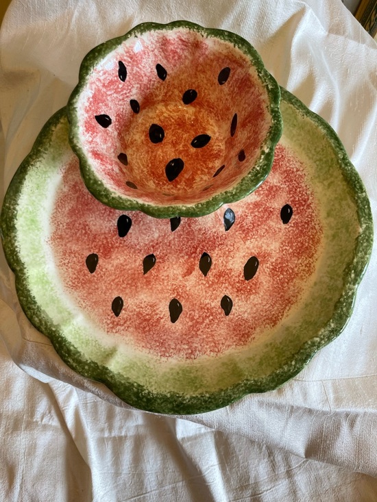 Other - Watermelon Serving Set – Hand Painted Bowl & Plate – Summer Kitchen Decor